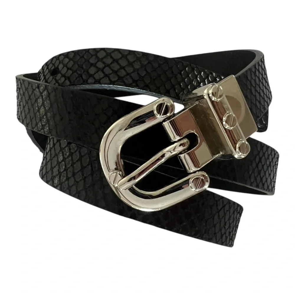 Michael Kors black leather belt thin 3/4” buckle silver snake embossed Size M